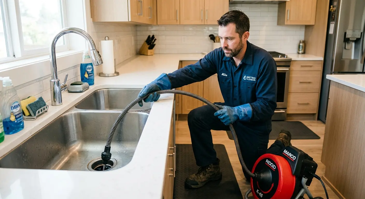 Drain cleaning technician using a motorized snake on a kitchen sink in El Reno