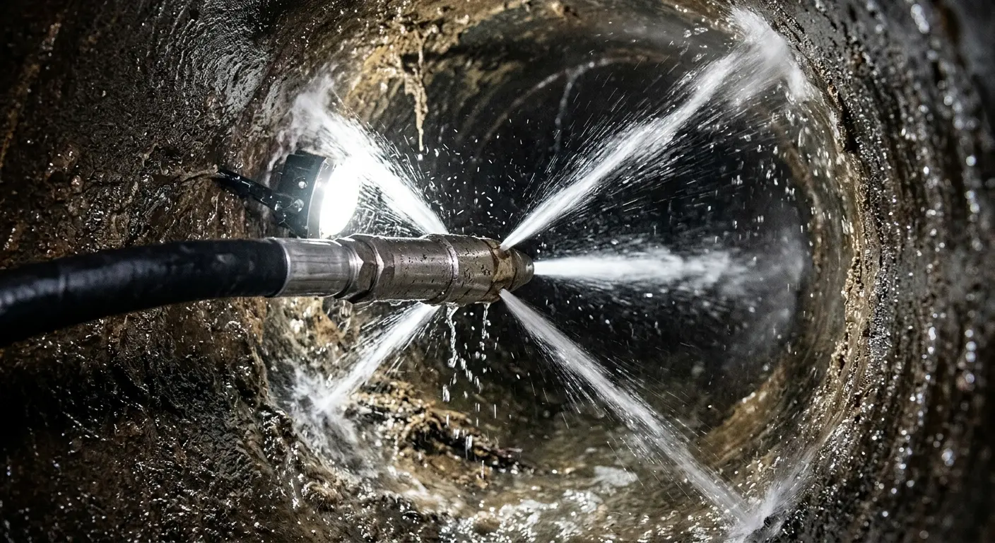 High-pressure hydro jetting nozzle cleaning sewer pipe for Sewer Line Relining in El Reno