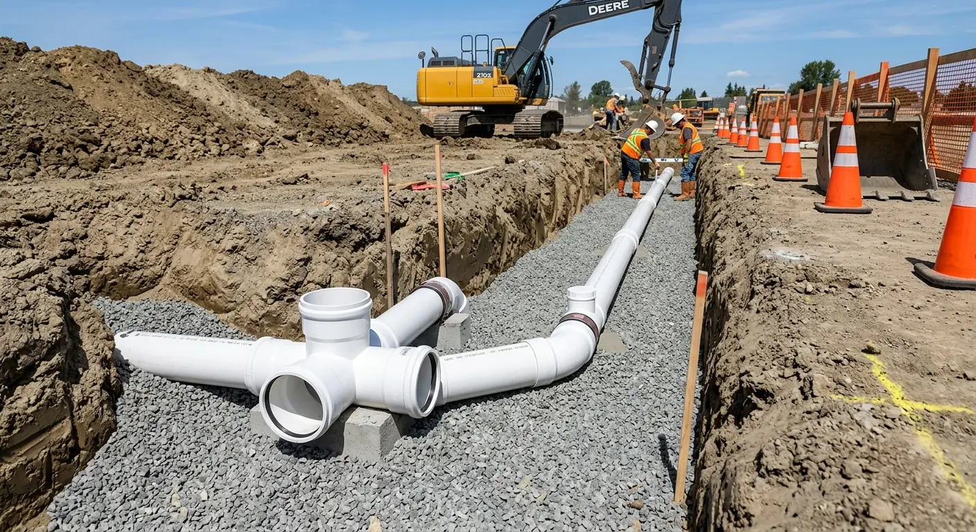 New PVC sewer pipe installation in open trench for Grease Trap Cleaning in El Reno