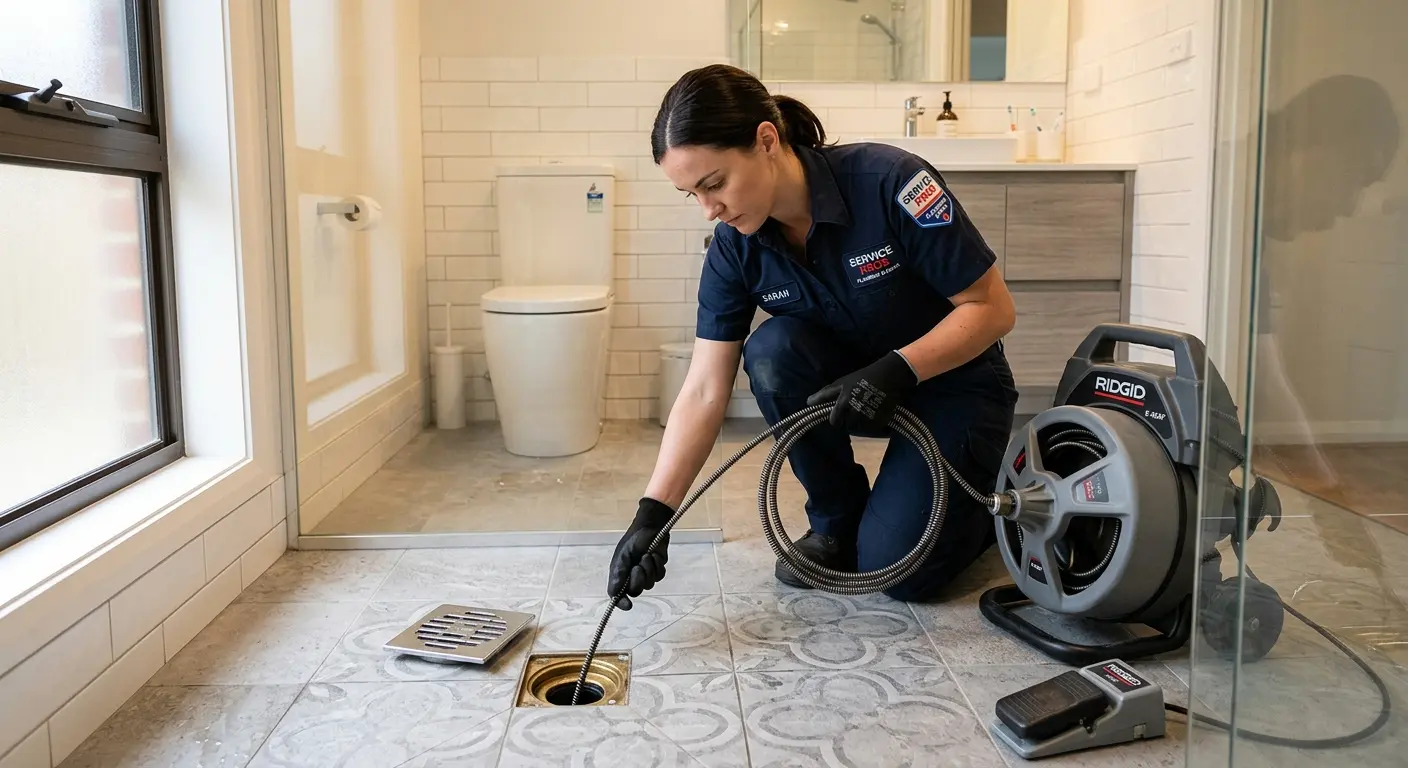 Technician clearing a bathroom floor drain for Sewer Line Installation in El Reno